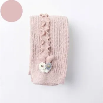 Teplé žebrované dívčí punčochové kalhoty s jemným volánkovým pruhem a ozdobou z kvítků Barva: světle růžová, Velikost: S (0-1 rok)