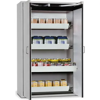 Protipožární skříň na nebezpečné látky asecos Edition GA 1200, 4 výsuvné vany, šedá, šířka 1196 mm