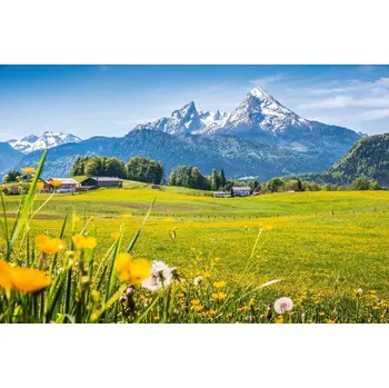 Fototapeta DIMEX | Vliesová fototapeta Alpské údolí MS-5-1712 | 375 x 250 cm| zelená, modrá, bílá, žlutá + Vliesová fototapeta na stěnu DIMEX Alpské údolí MS51712 v rozměru 375 x 250 cm + lepidlo zdarma