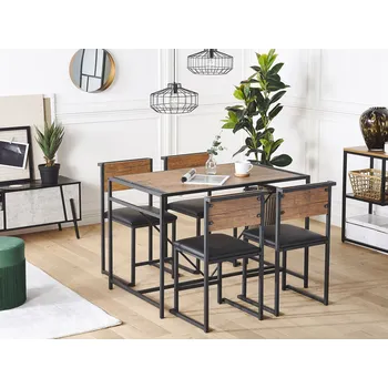 Jídelní set Jídelní souprava Tmavé dřevo černé kovovéNohy Obdélníkový stůl 110 x 70 cm 4 Židle Čalouněná sedadla Moderní Průmyslová Beliani