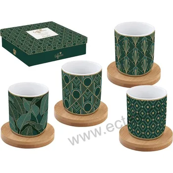Easy Life CHARLESTON zelené porcelánové espresso kelímky a bambusové podložky se zlatými ornamenty a listy *COFFEE MANIA* 110ml 4 ks