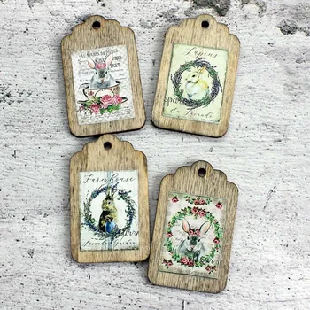 Velikonoční visačka dřevěná - zajíčci Provance - mix motivů - 1 ks