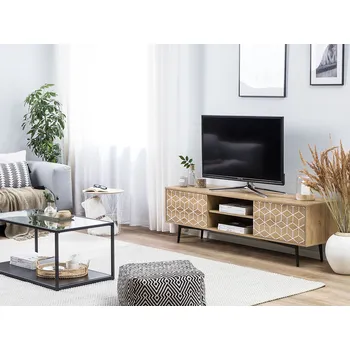 Televizní stolek Televizní nábytek světlá barva dřeva MDF deska ocel 50 x 160 x 40 cm retro elegantní bílý geometrický vzor multifunkční obývací pokoj Beliani