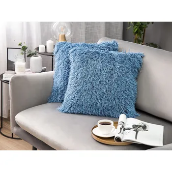 Bytový textil Dekorativní polštář modrý 2 ks plyš čalouněný potah a měkká výplň 45 x 45 cm moderní styl Beliani