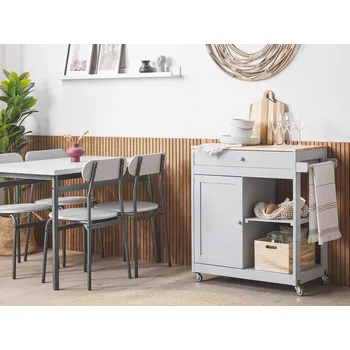 Servírovací stolek Kuchyňský vozík šedý MDF kaučukové dřevo 75 x 43 x 87 cm skříňka věšák na utěrky 2 police na kolečkách zásuvka na příbory Beliani