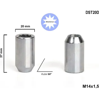Matice na kolo Kolová matice M14x1,5 kužel s vnitřním mnohohranem, DST20D, výška 37,Ø 20 mm