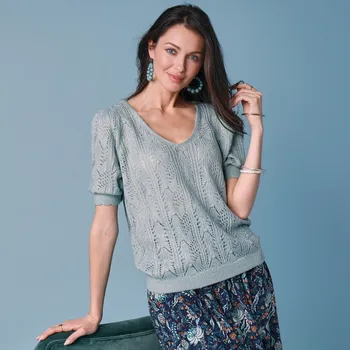 Halenka z ažurového úpletu s krátkými rukávy tyrkysová 52