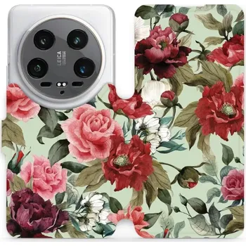 Pouzdro na mobilní telefon Flipové pouzdro Mobiwear - Xiaomi 14 Ultra 5G - MD06P Růže a květy na světle zelené (Knížkové flip pouzdro, obal, kryt na mobil Xiaomi 14 Ultra 5G - MD06P Růže a květy na světle zelené, materiál Umělá kůže + TPU - ochrana 360°, stojánek, silikonová vaničk