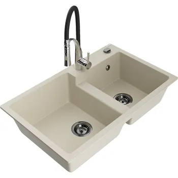 Granitový dřez Mexen Tomas 2miskový granitový dřez s kuchyňskou baterií Aster, béžová 6516-69-73450-07-B