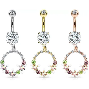 Piercing Piercing do bruška z ocele - kvetinová obruč, farebné a číre kryštály, rôzne farebné vyhotovenia - Barva: Měděná