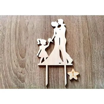 Svatební dekorace Dřevěný zápich do dortu - svatební pár s holčičkou