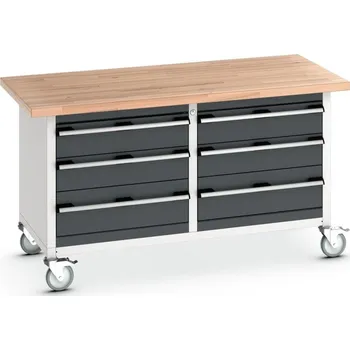 Dílenský stůl Průmyslový box Bott Cubio - 6 zásuvek Barva: Antracit, Pracovní deska: Červený buk