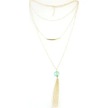 Náhrdelník Flamenco Mystique Trojitý Zlatý Náhrdelník s Zelenými Perlami, Délka 45 cm, Délka závěsného prvku 7 cm