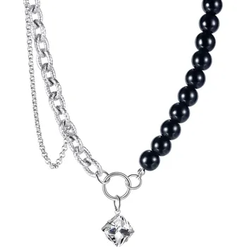 Náhrdelník Náhrdelník z oceli 316L - černé skleněné korálky, přívěsek se zirkony, dva typy řetízků