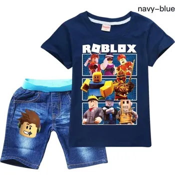 Letní set ROBLOX tričko krátký rukáv + džínové kraťasy (mix barev) Barva: tmavě modrá, Velikost: 160
