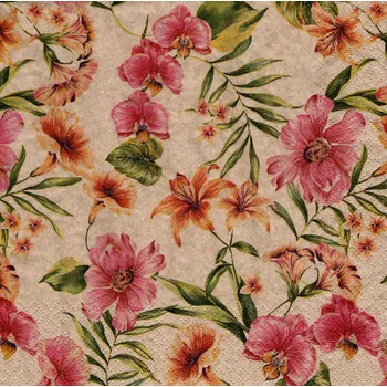 Papírový ubrousek UBR77, Ubrousek, 16x16 cm, RŮŽOVO-ORANŽOVÉ KVĚTINY, 1 kus