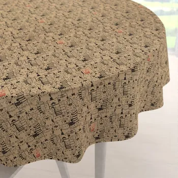 ubrus Dekorační kulatý ubrus PML-093 Pes mezi kočkami na hnědobéžovém Ø 100 cm