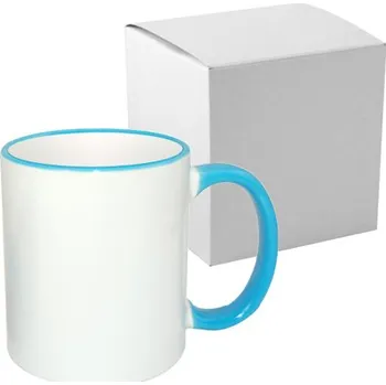 Bílý hrnek 330 ml A+ s barevným uchem a lemem - světle modrý s krabičkou sublimace termotransfer