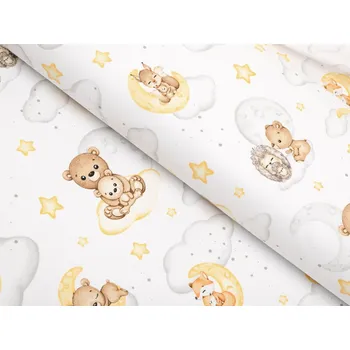 Dětská bavlněná látka/plátno Sandra SA-461 Zvířátka mezi hvězdičkami na bílém - šířka 160 cm