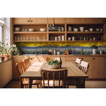 Fototapeta DIMEX | Fototapeta do kuchyně Denimová malba luční trávy KI-420-210 | 420 x 60 cm | žlutá, hnědá, modrá, zelená + Samolepicí fototapeta za kuchyňskou linku DIMEX Denimová malba luční trávy v šíři 420 cm