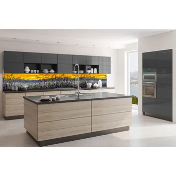 Fototapeta DIMEX | Fototapeta do kuchyně Denimová malba luční trávy KI-350-210 | 350 x 60 cm | žlutá, hnědá, modrá, zelená + Samolepicí fototapeta za kuchyňskou linku DIMEX Denimová malba luční trávy v šíři 350 cm