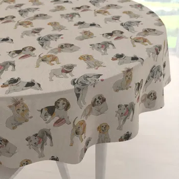 ubrus Dekorační kulatý ubrus PML-096 Štěňata na hnědobéžovém Ø 100 cm
