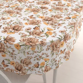 ubrus Bavlněný oválný ubrus Sandra SA-458 Hnědé květy magnolie s motýlky na bílém 60x100 cm