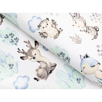 Dětská bavlněná látka/plátno Sandra SA-478 Lesní zvířátka v borůvčí na bílém - šířka 160 cm