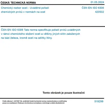 ČSN EN ISO 6306 - Chemický rozbor oceli - Uváděné pořadí chemických prvků v normách na ocel - Tisk