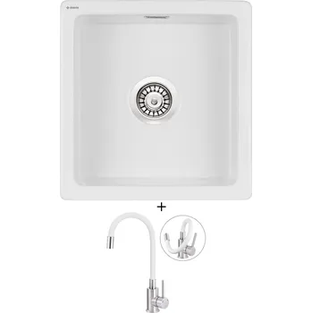 Granitový dřez Keramický dřez SET Deante SABOR ZCB A103 keramika bílá matná + Deante NEO LUNO BOC W720 nerez