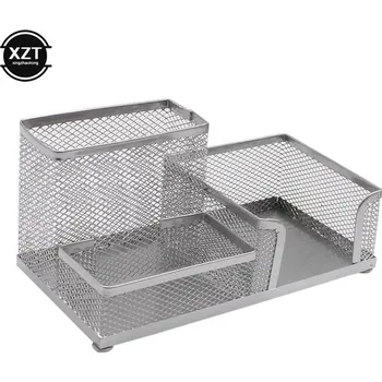 3v1 kovový organizér na stůl s drátěnou mřížkou - Stříbrný