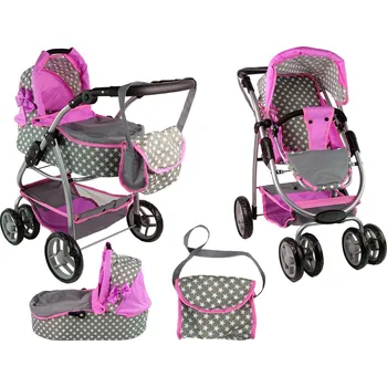 Kočárek pro panenku Velký sportovní kočárek pro panenky 3v1 Alice 9662 šedý/růžový/bílé hvězdy