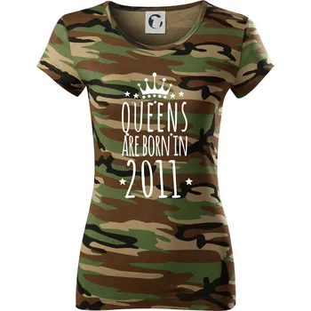 Dámské tričko Queens are born in 2011 - Dámské maskáčové triko - L ( Hnědý maskáč )