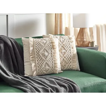 Polštář Sada 2 dekoračních polštářů béžová bavlněná makramé 45 x 45 cm se střapci lano boho retro dekorace příslušenství Beliani