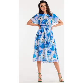 Dámské šaty Šifonové šaty pod kolena s květinami A510 Barva: Modrá, Velikost: M