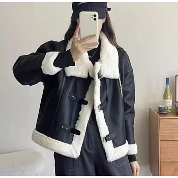 Dámský křivák Dámská kožená bunda s kožíškem a opasky Barva: Černá, Velikost: L