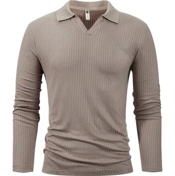 Pánské tričko Žebrované pánské tričko polo z bavlny s dlouhým rukávem Barva: Kávová, Velikost: S