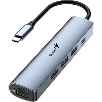USB hub GENIUS hub UH-545/ USB-C na RJ45 Gigabit/ 3x USB3.0/ USB-C 3A nabíjení/ kovově šedý