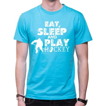 Pánské tričko Tričko - Eat, sleep and play hockey, Barva látky tyrkysová modrá, Střih Pánsky/UNISEX, Velikost Dětské 158cm/12let