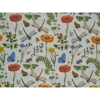 Bavlněná látka Vážky a květiny barevné