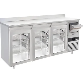 Lednice G.Gastro Barová lednička na nápoje 2,13 m - s 3 skleněnými dveřmi, s obkladovým panelem & odklepávačem na kávu