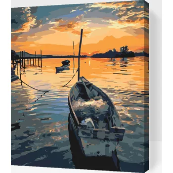 Malování podle čísel - Rybářská loďka při západu slunce Velikost: 30x40cm, Rámování: Pouze srolované plátno