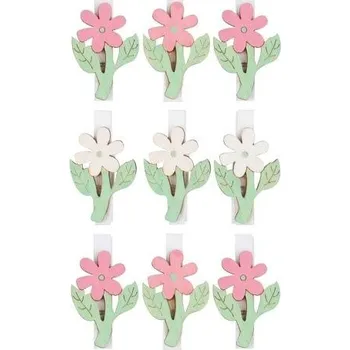 Velikonoční dekorace Dřevěné kytičky na kolíčku 4,5 cm, 9 ks v sáčku