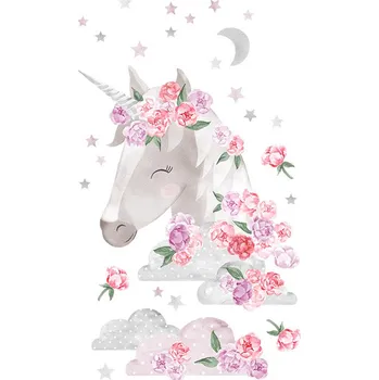 Samolepící dekorace Pastelowe Love Nálepka na zeď - jednorožec s květy barva: růžová