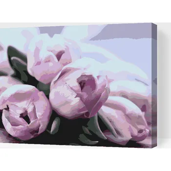 Malování podle čísel - Fialové tulipány na stole Velikost: 30x40cm, Rámování: Pouze srolované plátno