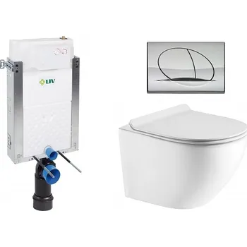 Splachovací tlačítko Liv-Fluidmaster Wc set Ring Wall podmítková nádrž do zdiva, rimless mísa, sedátko a tlačítko lesklý chrom 195872 - SET(669931, OLKLT046E, 195872)