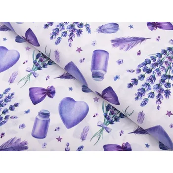 Dekorační látka PML-055 Levandule a srdce na bílém - šířka 150 cm