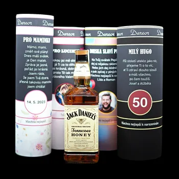 Dárkový potravinový koš Jack Daniel's Honey – dárkové balení alkoholu s potiskem na přání