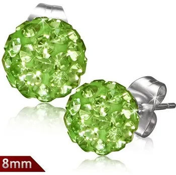Náušnice 8mm – Světle zelená kulička s kamínky