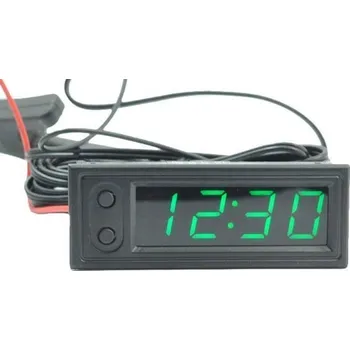 Meteostanice Teploměr,hodiny,voltmetr panelový 3v1, 12V, zelený, 1 tepl.čidlo